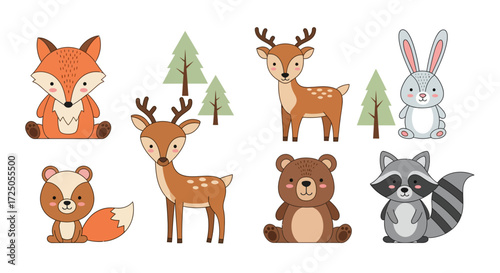 Adorable cartoon illustrations featuring a fox, deer, rabbit, skunk, bear, and raccoon, with trees.