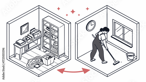 Illustration of cleaning and organizing a room, showing before and after states.