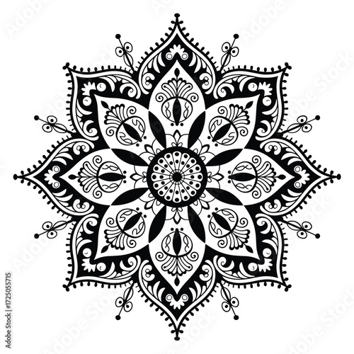 Elaborate Black and White Mandala with Curving Lines and Leaf Motifs intricate symmetrical