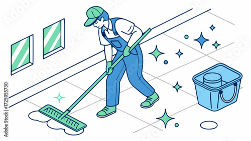 Professional janitor in uniform mopping a sparkling clean tiled floor with a bucket nearby, an isometric vector illustration.