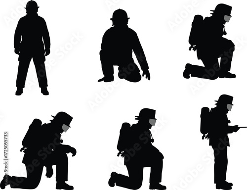 Tactical figure silhouette, helmet pose, kneeling action, field movement, backpack gear, black design, responder icon, mission stance, vector graphic, training set