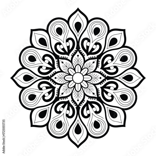 Elaborate Black and White Mandala with Peacock Feather Motifs Keywords: mandala, black and white