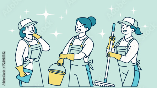 Illustration of three happy female cleaners with mops, buckets, and sponges, representing a cleaning service.
