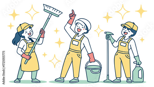 Three cheerful cleaners in yellow overalls and caps, holding cleaning supplies like a broom, bucket, and spray bottle, surrounded by sparkling stars.