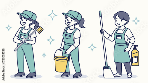 Smiling cleaning crew in green uniforms with brooms, buckets, and mops, depicted in a simple cartoon style.