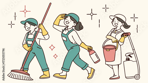 Illustration of three cleaning ladies in work attire, each with different tools and a cheerful expression.