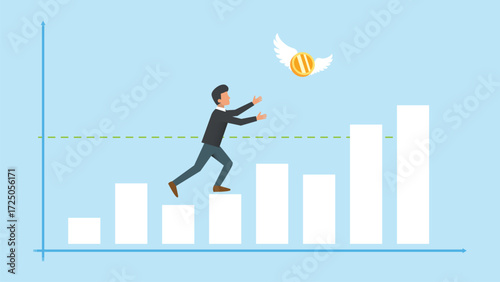Man try to earn money, bar graphs with increasing value, flying coin, business and finance