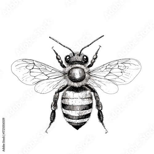 Bee vector illustration on white background with wings and yellow black body isolated on leaf or flower
