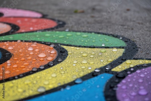Vibrant chalk art on pavement glistens with fresh raindrops after a shower.