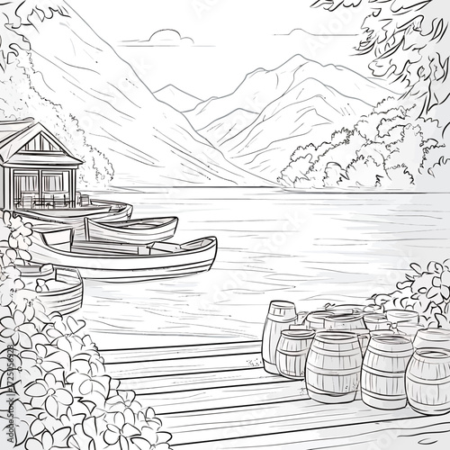 Old drawing sketch of a black and white wooden house on the mountain near a lake, a village landscape illustration of a vintage building in winter
