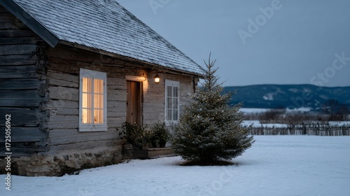 Cozy log cabin in snowy expanse, Hygge winter solace, Festive Nordic Yuletide charm, serene frost-kissed wilderness retreat