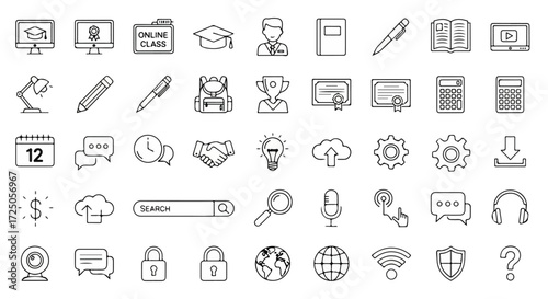 Education and Online Learning Vector Icon Set for School, Study, and Digital Tools