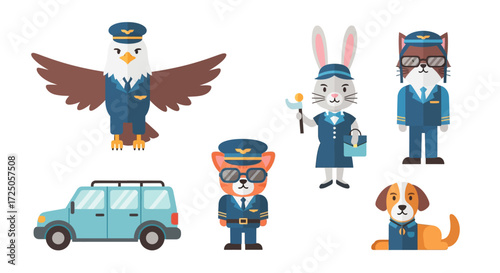 A collection of cartoon animals dressed in pilot and service uniforms, with a car.