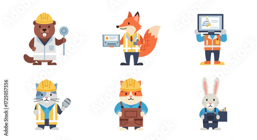 Six cartoon animals dressed as construction workers, each holding different tools or equipment.