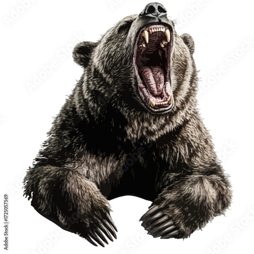 A powerful black and white vector illustration of a wild bear standing, emphasizing the mammal's fierce wildlife nature with a strong silhouette