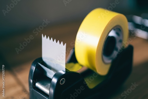 Bright yellow tape dispenser ready for use on a wooden surface