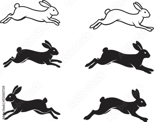Running rabbit silhouette, leaping pose, black and white design, animal motion, bunny vector, dynamic shape, nature icon, wildlife art, jump sequence, graphic set