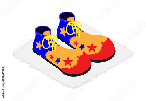 Isometric huge pair of clown shoes with yellow laces on the rug. Realistic 3D vector concept isolated on white background