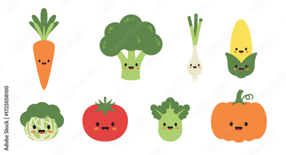Fototapeta premium Cute cartoon vegetables with happy faces, arranged in a grid pattern.