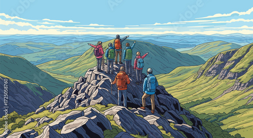 Adventurous hikers celebrate reaching mountain peak with a stunning valley view