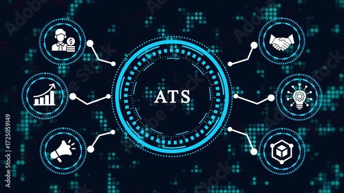 The concept of ats applicant tracking system is illustrated with icons representing recruitment, talent management, and human resources technology solutions.