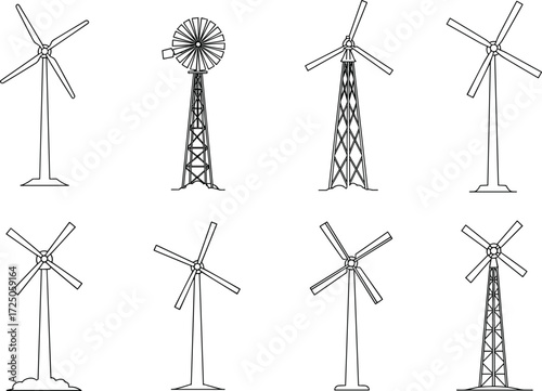 Wind turbine silhouette, renewable energy icon, windmill design, green power, eco structure, vector graphic, sustainable source, clean energy, rotation shape, farm set