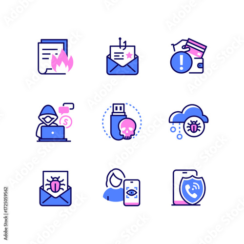 Computer attacks - colorful line design style icons