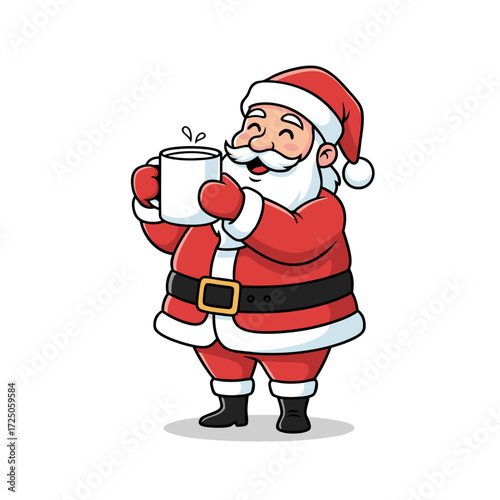 Cheerful Santa Claus cartoon enjoying a warm holiday drink from a white mug