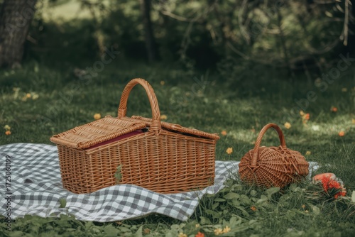 Charming wicker picnic baskets sit on a checkered blanket in a sunny, grassy meadow.