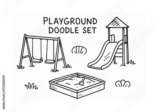 Playground doodle set: swing, slide, sandbox sketch collection