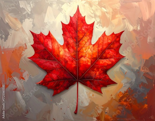 Vibrant Red Maple Leaf on Abstract Background.
