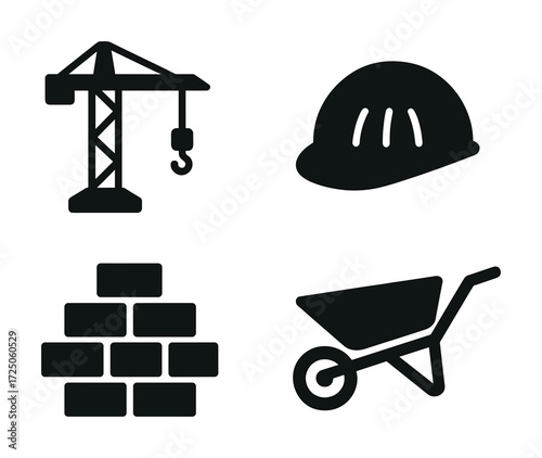 Construction icons: crane, helmet, bricks, wheelbarrow silhouettes