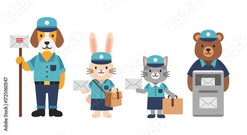 Cute animal postal workers delivering mail in uniform.