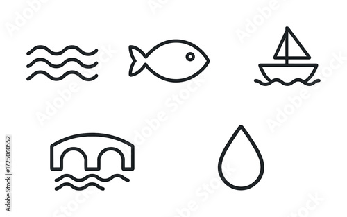 Minimalist nautical icons: waves, fish, sailboat, bridge, raindrop