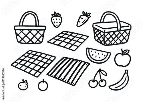 Doodle picnic items with baskets, fruits, and mats