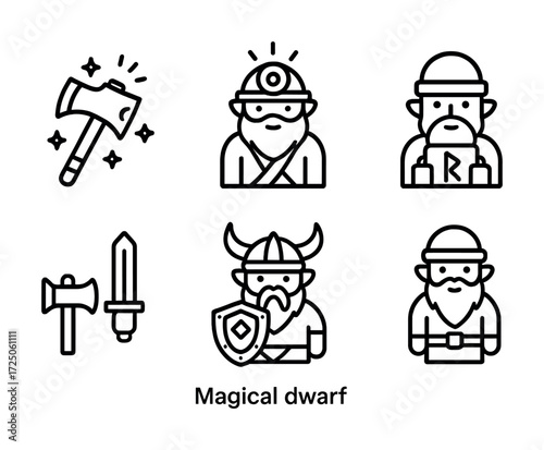 Outline icons of dwarves with axes and shields in viking and warrior themes