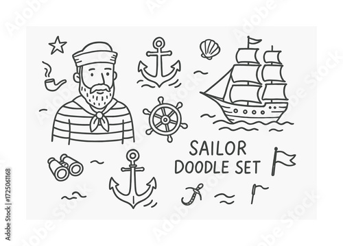 Sailor doodle set with ship, anchors, and nautical elements