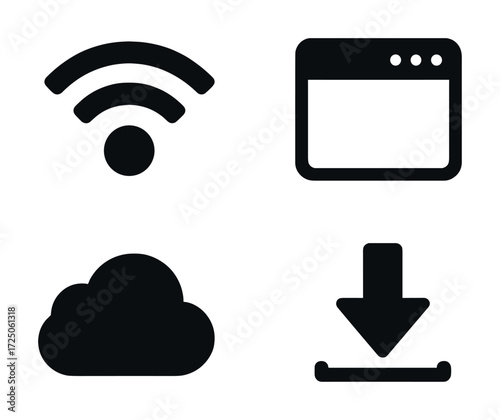 Wi-fi, web browser, cloud, and download icons — minimalist design set