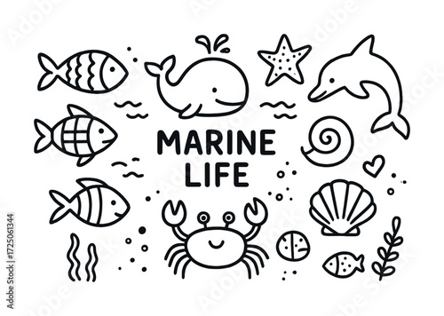 Cartoon marine life with whale, dolphin, fish, crab, and shells in black and white