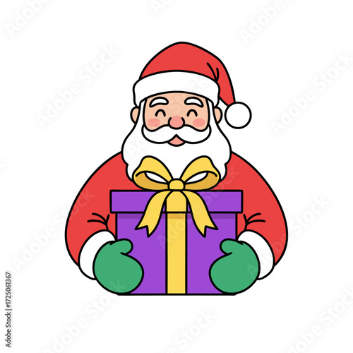 Festive illustration of a joyful bearded character presenting a vibrant holiday gift box