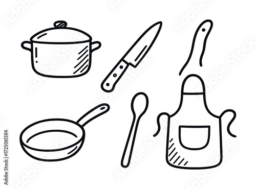 Hand-drawn kitchen utensils set featuring pot, knife, pan, spoon, and apron