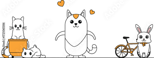 Cute Cats, Rabbit, and Bicycle Illustration