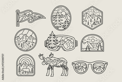 Outdoor line art vector set with mountains, trees, rivers, wildlife, and camping elements in a minimal style. Includes bear, moose, sunglasses, goggles, badges, and nature scenes for t-shirt designs.
