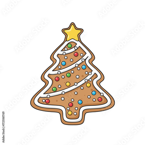 Festive Christmas tree gingerbread cookie decorated with colorful icing and a star on top