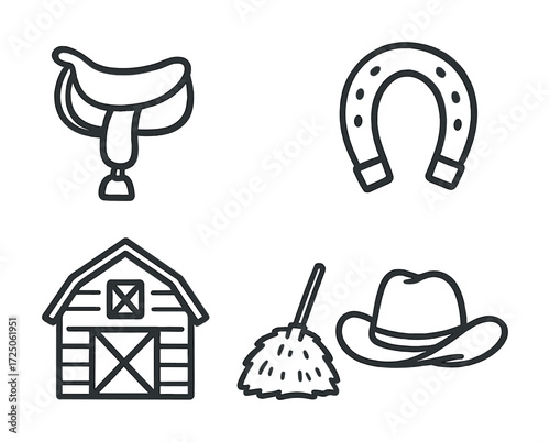 Set of farm icons: saddle, horseshoe, barn, broom, cowboy hat