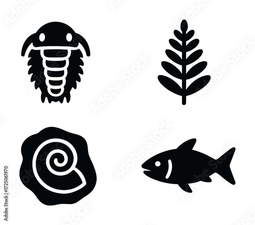 Ancient fossil symbols: trilobite, leaf, ammonite, fish silhouettes