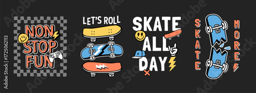 Skateboard t-shirt graphic set with bold typography, skateboards, and urban street style elements. Perfect for apparel, stickers, posters, and posters..