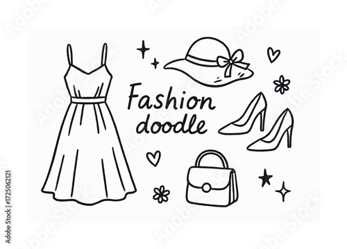 Fashion doodle with dress hat shoes bag and stars in black and white illustration