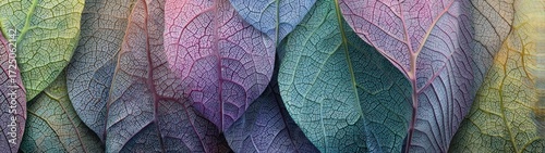 Close-up of many vibrant, layered leaves, displaying a spectrum of pastel hues and intricate vein patterns