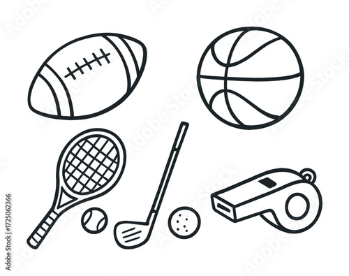 Sports equipment: football, basketball, tennis racket, golf club, whistle